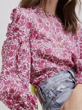 J. Crew Rose-Print Long Sleeve Scoop Neck Blouse Ruffle Sleeves NWOT Small